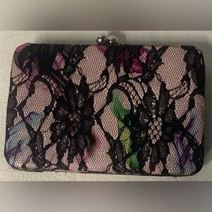 Elegant Black Lace Overlay Clutch Purse Floral Evening Bag/Wallet New